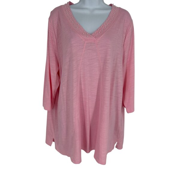 Quacker Factory Mini Pearls V-Neck 3/4 Sleeve Swing Top Women's Size 1X - Picture 1 of 10